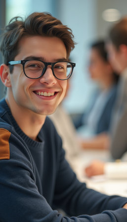 Smiling young man in glasses at a meetingの素材