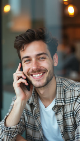 Cheerful young man talking on the phoneの素材