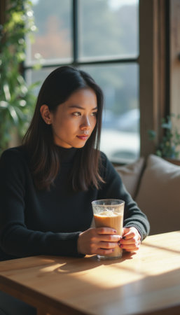 Thoughtful woman enjoying a latte in a cozy cafÃ©の素材