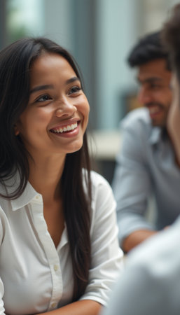 Joyful woman engaging in conversation with friendsの素材