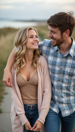 Joyful couple sharing a loving moment outdoorsの素材