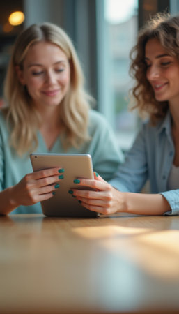 Two friends sharing a joyful moment while using a tabletの素材