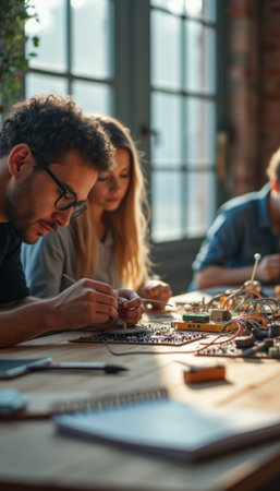Focused individuals collaborating on a tech projectの素材