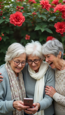 Three joyful elderly women sharing a moment over a smartphoneの素材