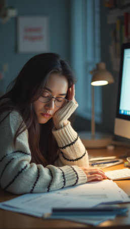 Young woman feeling overwhelmed while studying late at nightの素材