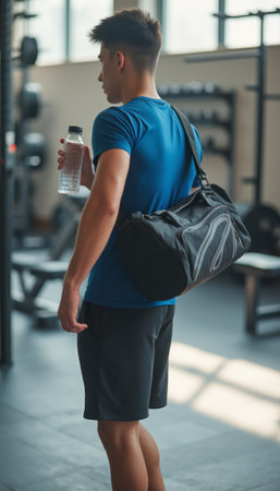Young man in gym attire holding a water bottleの素材
