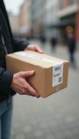 Person holding a delivery package in a bustling urban settingの素材