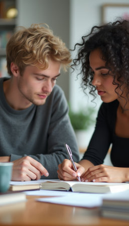 Focused young couple studying togetherの素材