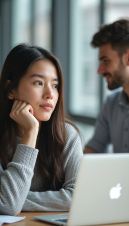 Thoughtful woman in a cozy workspaceの素材