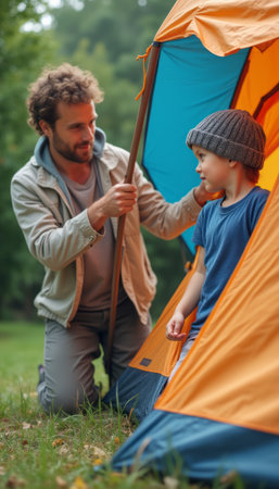 Father and son setting up a colorful tent in natureの素材