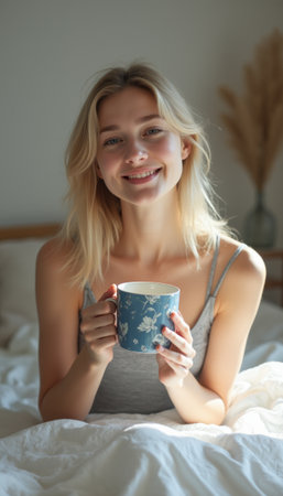 Smiling woman enjoying a cozy morning with a cup of teaの素材
