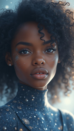 Stunning portrait of a young Black woman with cosmic-themed makeupの素材