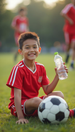 Cheerful young boy in red soccer uniform holding a water bottleの素材