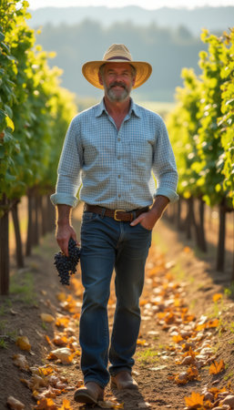 Confident farmer walking through vineyard with grapesの素材