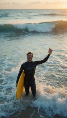 Joyful surfer waving in the ocean wavesの素材