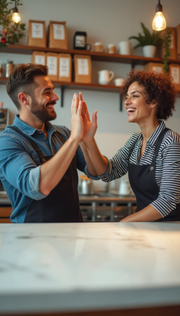 Joyful baristas sharing a high-five in a cozy cafÃ©の素材
