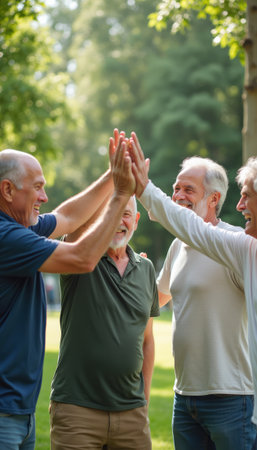 Joyful elderly men celebrating friendship with high-fivesの素材