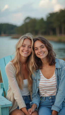 Two smiling friends enjoying a sunny day by the waterの素材