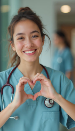 Smiling nurse forming a heart shape with her handsの素材