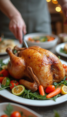 Succulent roasted turkey garnished with fresh vegetablesの素材