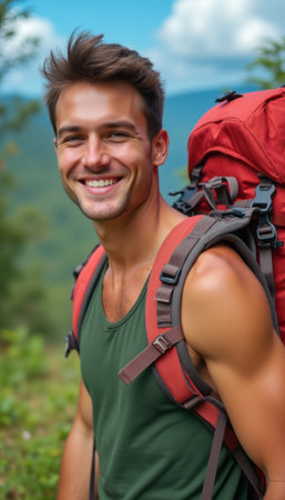 Smiling young man with a backpack enjoying natureの素材