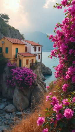 Charming coastal houses adorned with vibrant pink flowersの素材