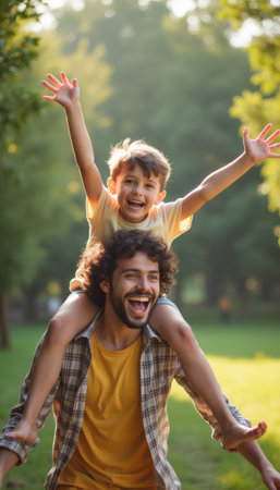 Joyful father and son enjoying a playful moment in the parkの素材