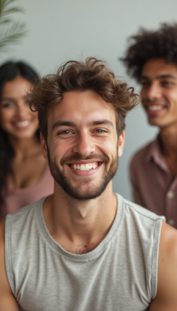 Cheerful young man smiling with friends in the backgroundの素材