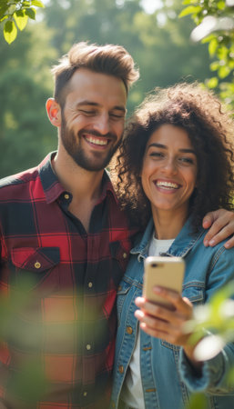 Joyful couple sharing a moment in natureの素材
