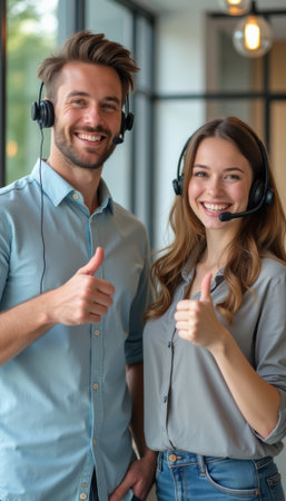 Cheerful customer service team giving thumbs upの素材