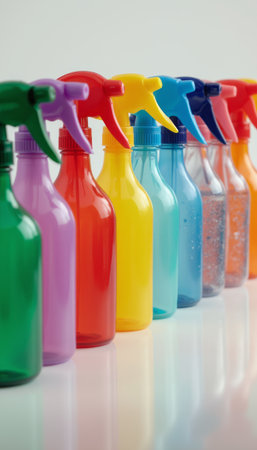 Colorful spray bottles lined up in a vibrant arrayの素材