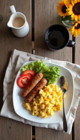 Delicious breakfast plate with scrambled eggs and sausagesの素材