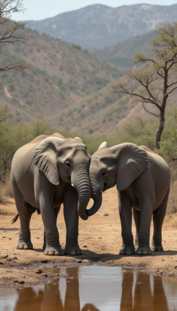 Two affectionate elephants sharing a moment by a serene waterholeの素材