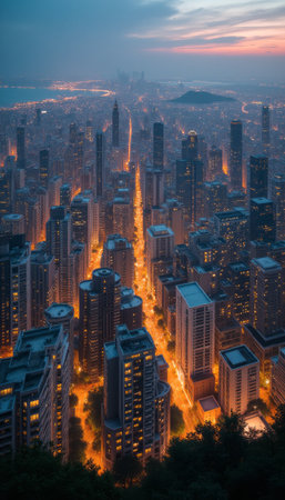 Stunning cityscape at dusk with glowing skyscrapersの素材
