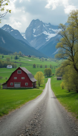 Scenic rural road leading to a charming red barnの素材