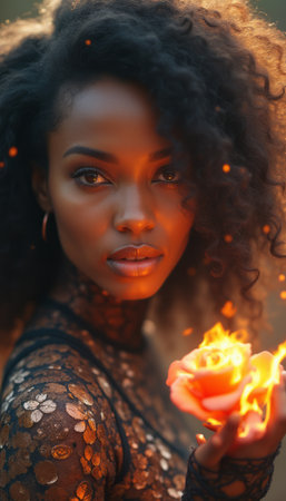 Woman holding a glowing rose amidst a fiery auraの素材