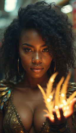 Enchanting woman with glowing feathers in a mystical settingの素材