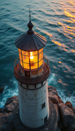 Majestic lighthouse illuminating the serene ocean wavesの素材
