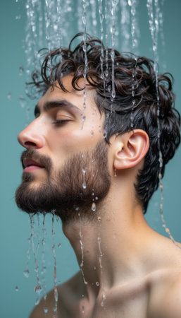 Man enjoying a refreshing shower under cascading waterの素材