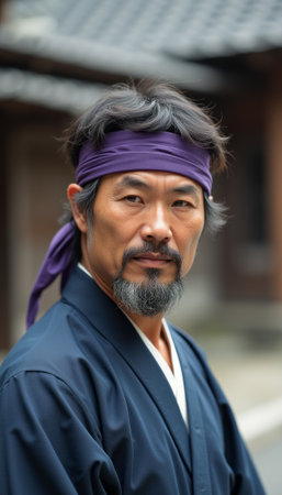 Confident man in traditional attire with a purple headbandの素材