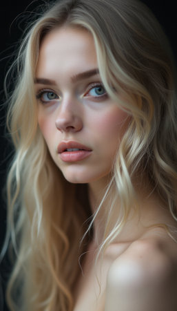 Stunning portrait of a young woman with flowing blonde hairの素材
