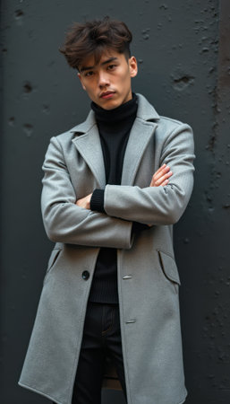 Confident young man in stylish gray coatの素材