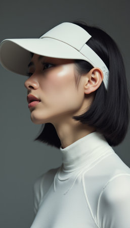 Stylish woman in a sleek white visor and athletic wearの素材