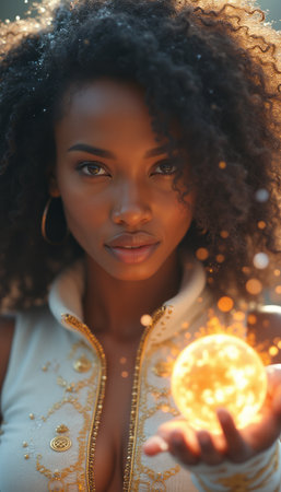 Woman with curly hair holding a glowing orbの素材