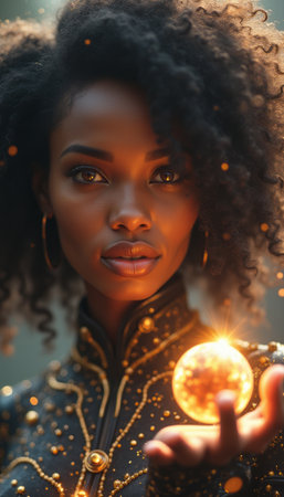 Enchanting woman holding a glowing orbの素材