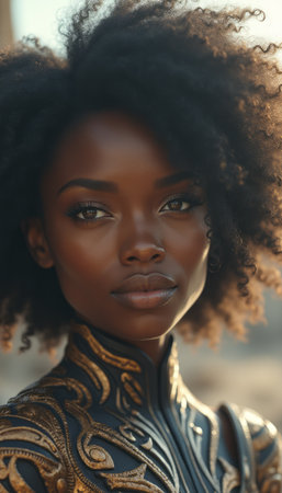 Stunning portrait of a woman with natural curls in an ornate outfitの素材