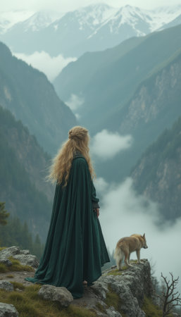 Woman in green cloak gazing at misty mountains with a foxの素材