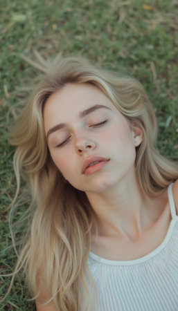 Serene young woman resting on grassの素材