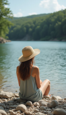 Serene woman enjoying a peaceful lakeside momentの素材