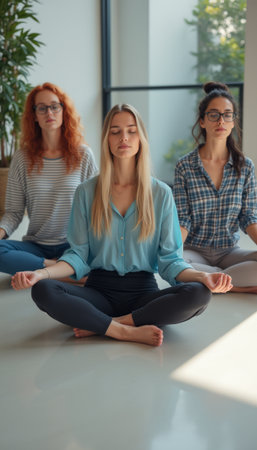 Three women meditating in a serene indoor spaceの素材